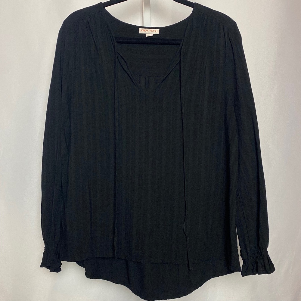 Knox Rose Womenʻs Black Long Sleeve Split Neck w/ Tie Boho Blouse Medium